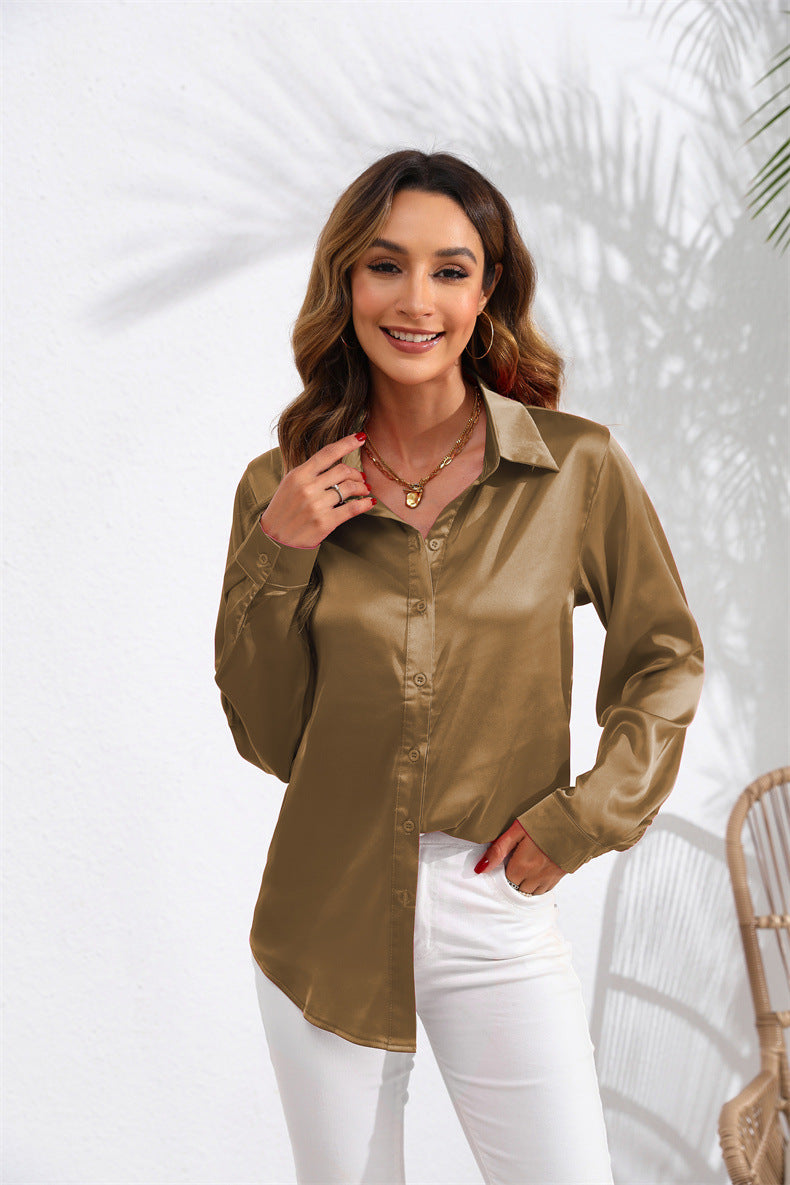 Blouse Femme Unie en Satin à Manches Longues