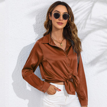 Blouse Femme Unie en Satin à Manches Longues