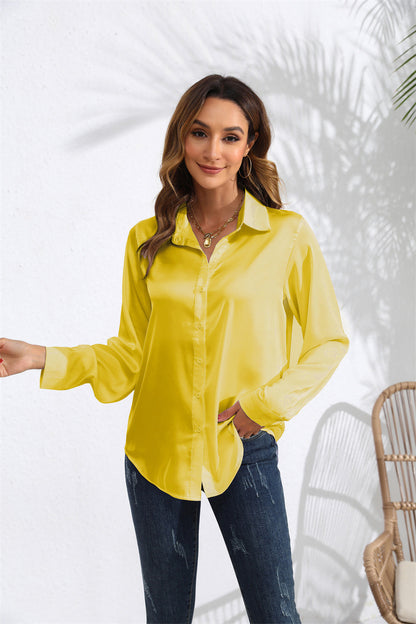 Blouse Femme Unie en Satin à Manches Longues