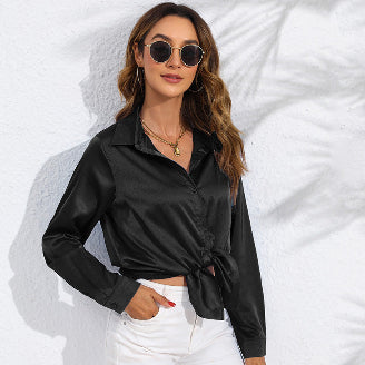Blouse Femme Unie en Satin à Manches Longues