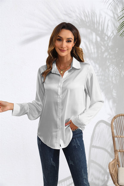 Blouse Femme Unie en Satin à Manches Longues