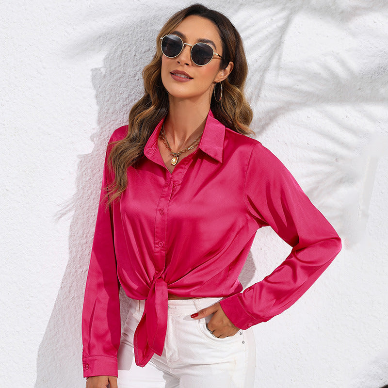 Blouse Femme Unie en Satin à Manches Longues