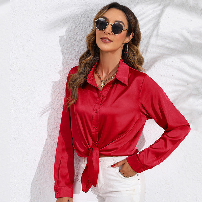 Blouse Femme Unie en Satin à Manches Longues