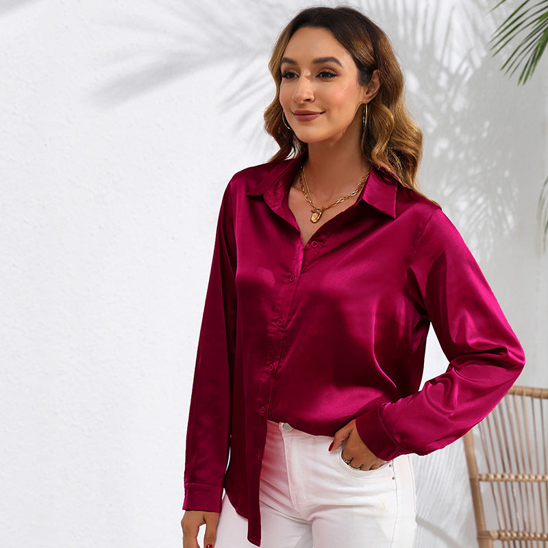 Blouse Femme Unie en Satin à Manches Longues