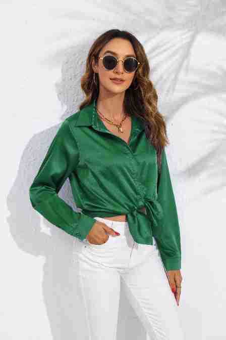 Blouse Femme Unie en Satin à Manches Longues
