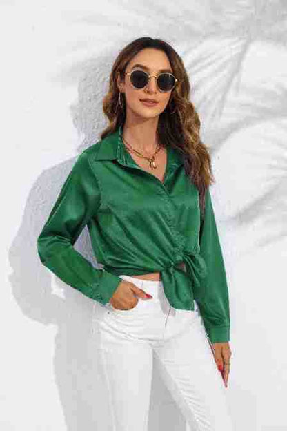 Blouse Femme Unie en Satin à Manches Longues