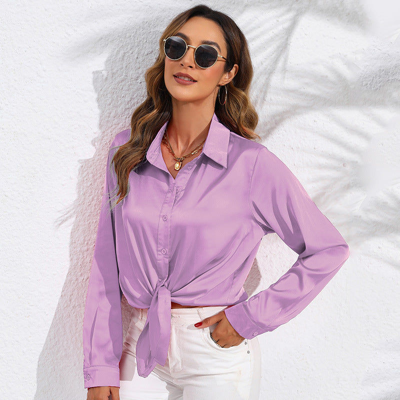 Blouse Femme Unie en Satin à Manches Longues